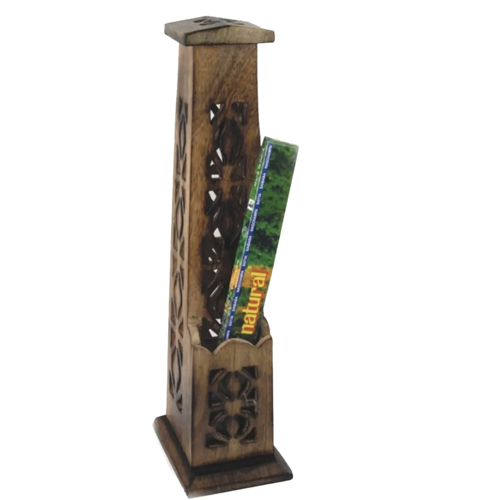 12" Carved Wooden Incense Burner Tower