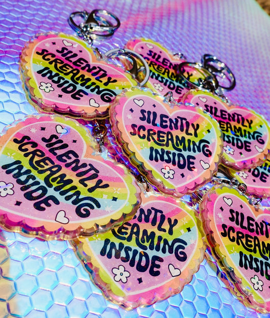 Silently Screaming Inside Holographic Heart Holographic Keychain