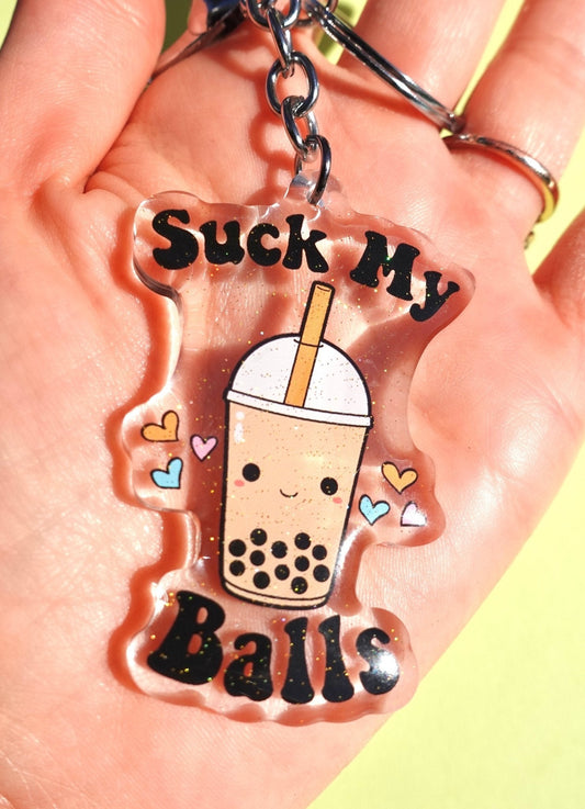 Suck My Balls Keychain – Funny Boba Tea Acrylic Glitter Keychain